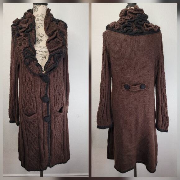 BCBGMaxAzria Sweaters - BCBG Max Azria Duster Long Cardigan Sweater Womens XL Wool Mohair Double Ruffle